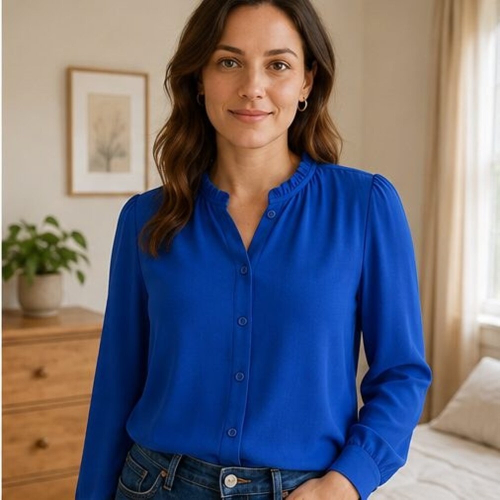 Cobalt Ruffle Collar Blouse - Picture 2 of 6